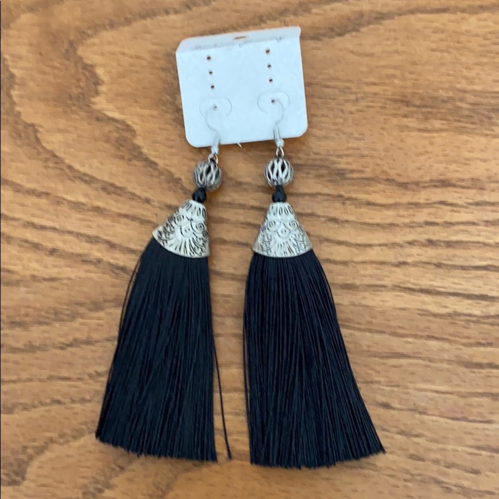 Black with silver long Fringe earrings